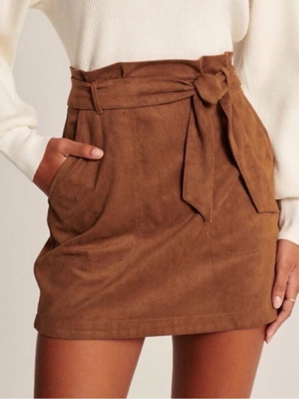 Abercrombie & Fitch Faux Suede Tie Waist Mini Skirt Brown Camel Paperbag size M